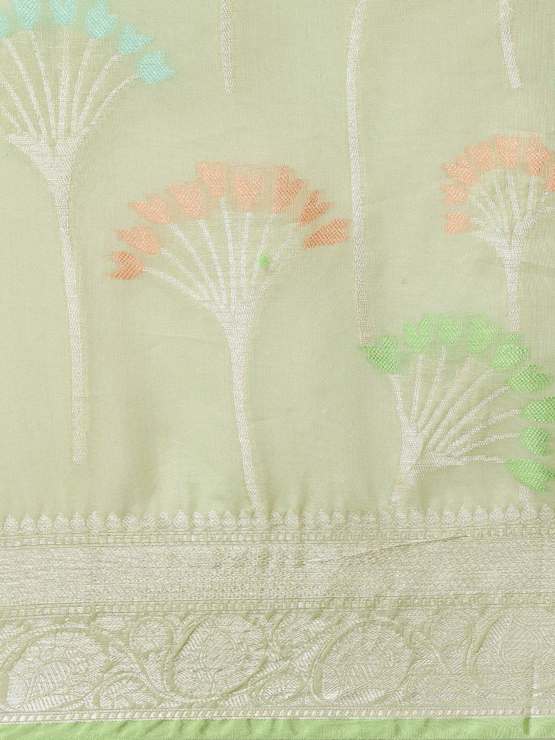 Faishana Presents Pistachio Masrise Cotton Tilfi Zari Border With Pistachio Blouse Banarasi Saree