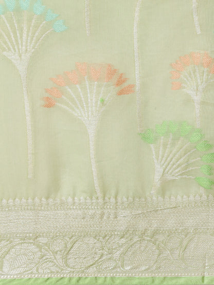 Faishana Presents Pistachio Masrise Cotton Tilfi Zari Border With Pistachio Blouse Banarasi Saree