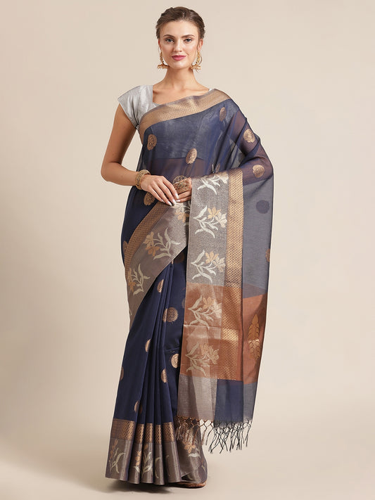Faishana Presents Handwoven Blue Masrise Cotton Alfi Skirt Border With Brown Blouse Banarasi Saree