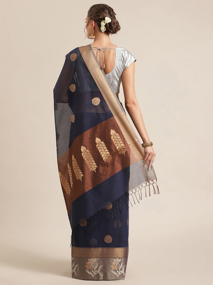 Faishana Presents Handwoven Blue Masrise Cotton Alfi Skirt Border With Brown Blouse Banarasi Saree