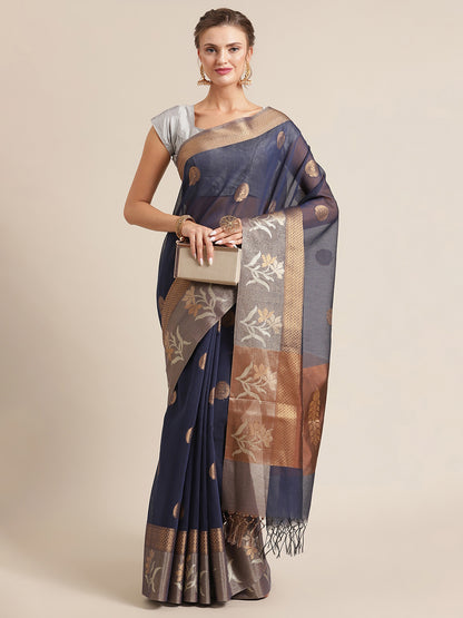 Faishana Presents Handwoven Blue Masrise Cotton Alfi Skirt Border With Brown Blouse Banarasi Saree