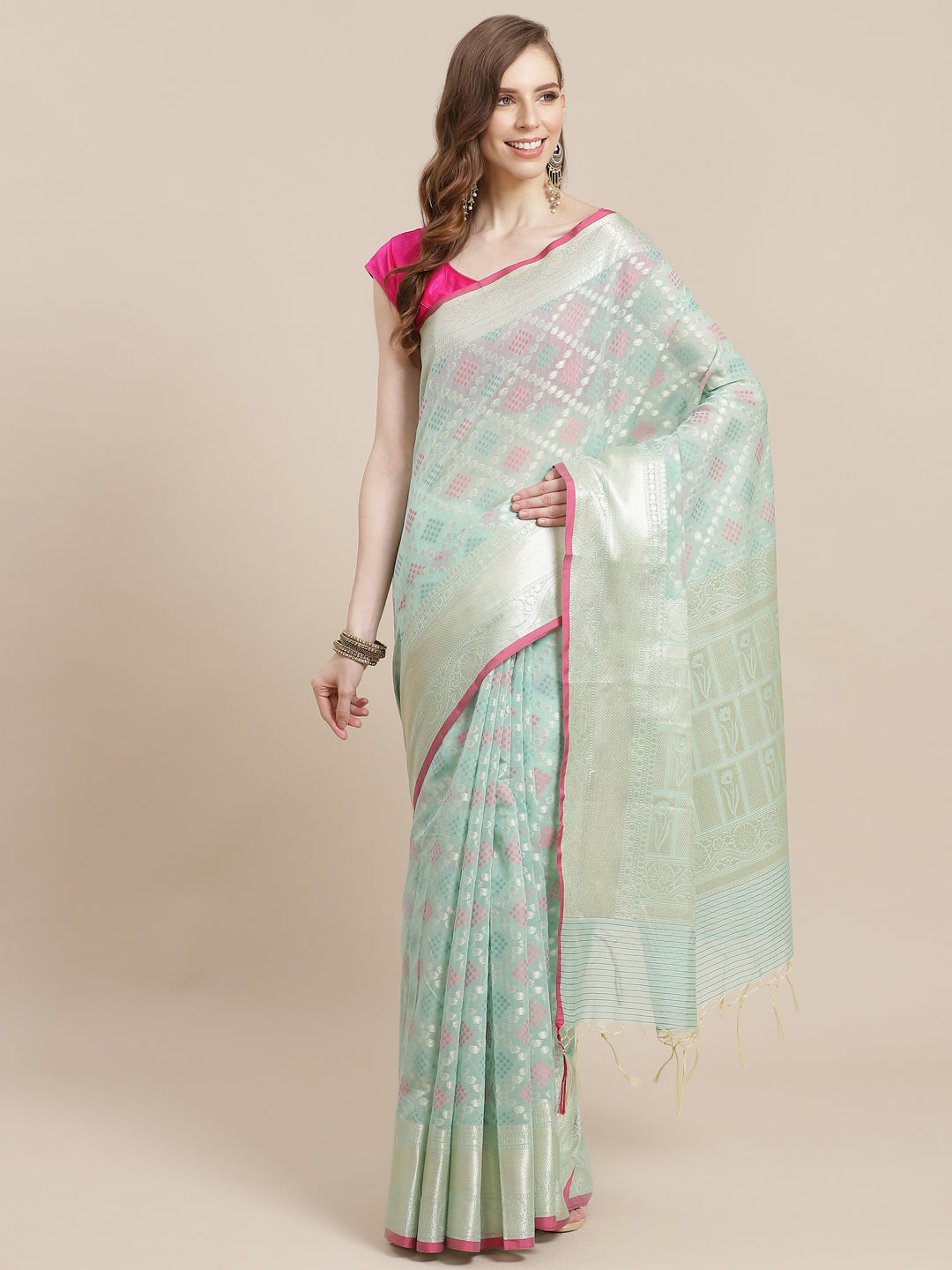 Faishana Presents Handwoven Seagreen Masrise Cotton Diagonal Zari Mina Skirt Border With Seagreen Blouse Banarasi Saree