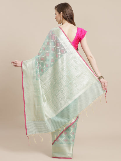 Faishana Presents Handwoven Seagreen Masrise Cotton Diagonal Zari Mina Skirt Border With Seagreen Blouse Banarasi Saree
