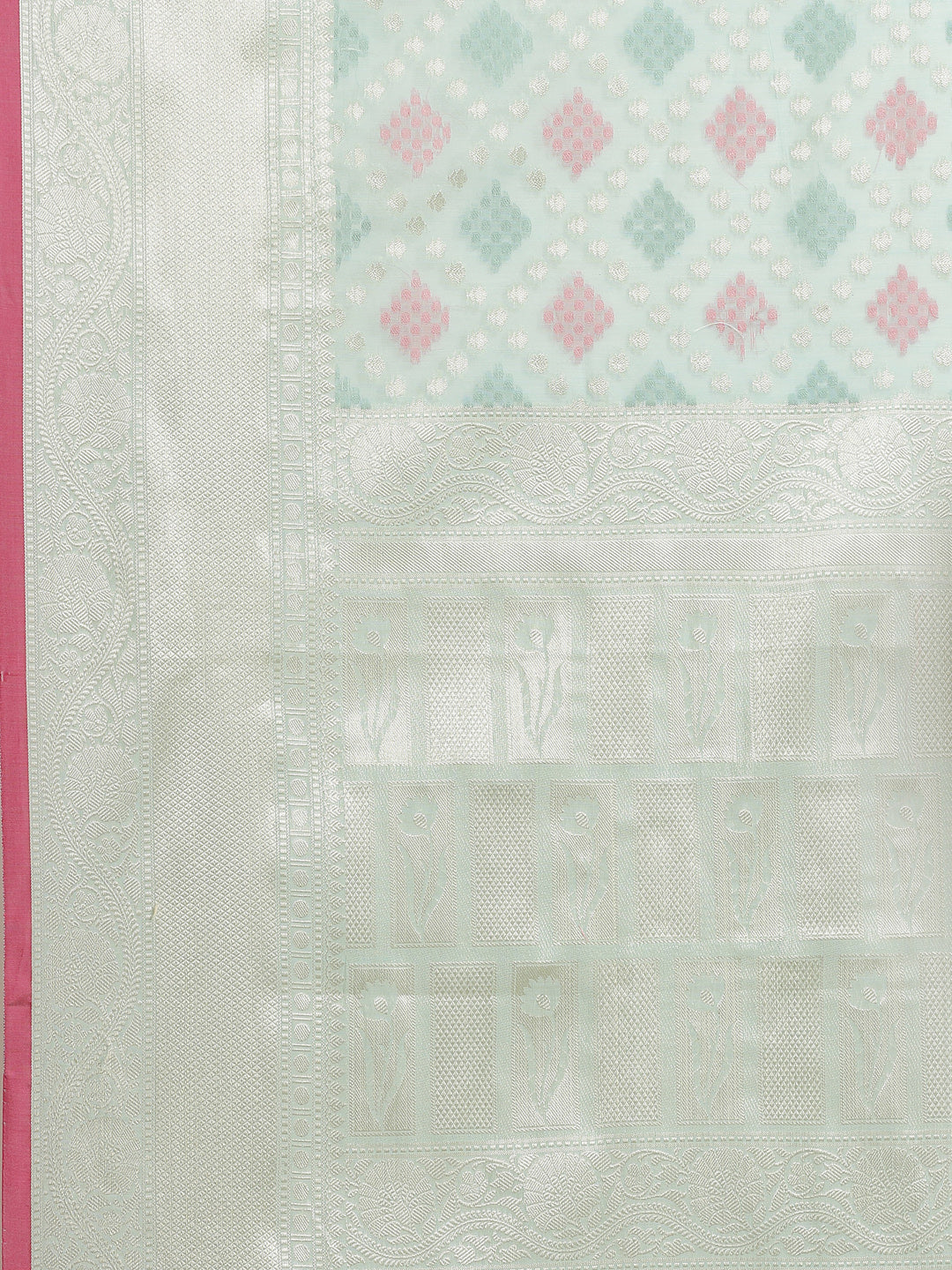 Faishana Presents Handwoven Seagreen Masrise Cotton Diagonal Zari Mina Skirt Border With Seagreen Blouse Banarasi Saree