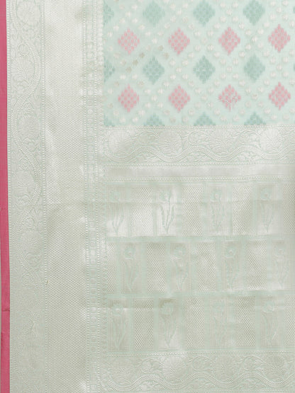 Faishana Presents Handwoven Seagreen Masrise Cotton Diagonal Zari Mina Skirt Border With Seagreen Blouse Banarasi Saree