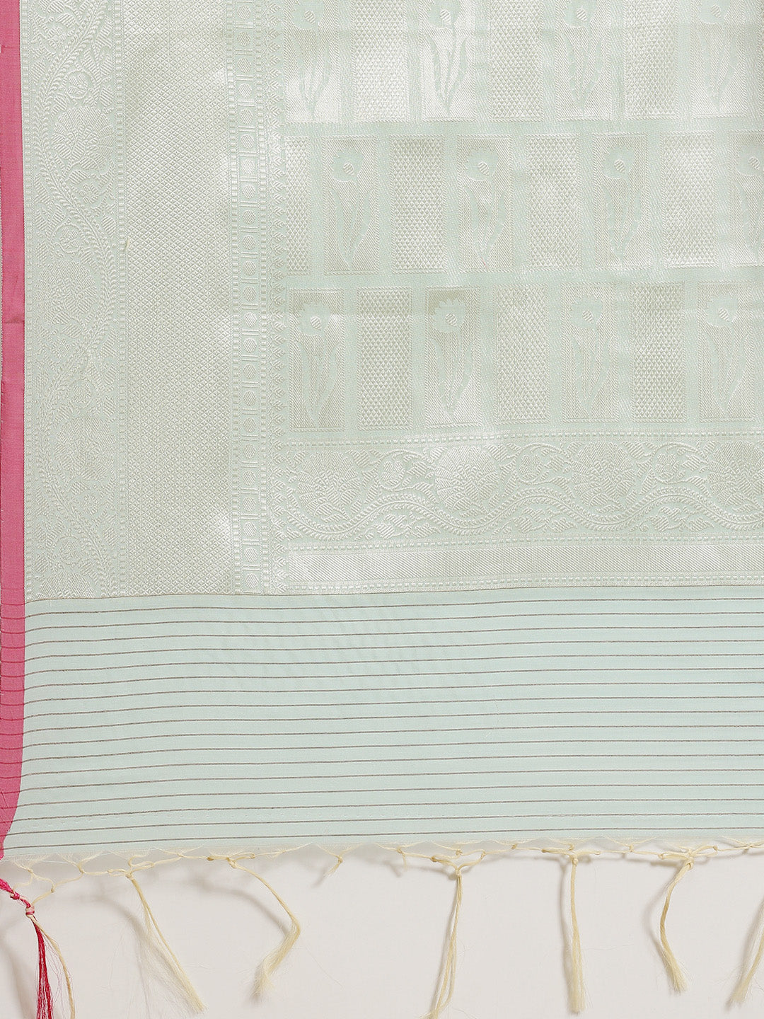 Faishana Presents Handwoven Seagreen Masrise Cotton Diagonal Zari Mina Skirt Border With Seagreen Blouse Banarasi Saree