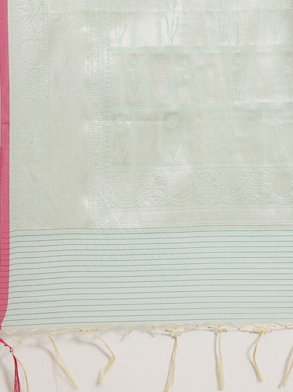 Faishana Presents Handwoven Seagreen Masrise Cotton Diagonal Zari Mina Skirt Border With Seagreen Blouse Banarasi Saree