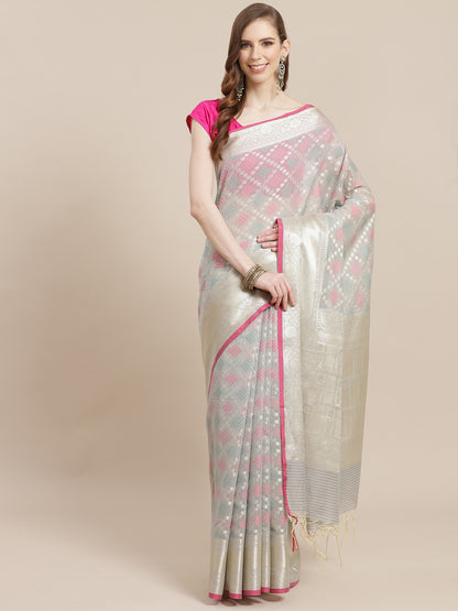Faishana Presents Handwoven Grey Masrise Cotton Tilfi Skirt Border With Grey Blouse Banarasi Saree