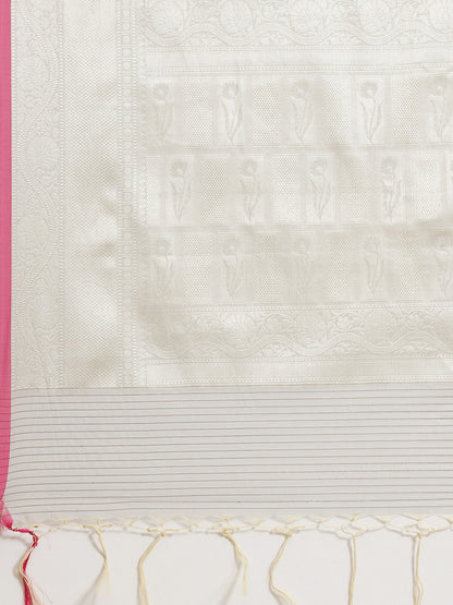 Faishana Presents Handwoven Grey Masrise Cotton Tilfi Skirt Border With Grey Blouse Banarasi Saree