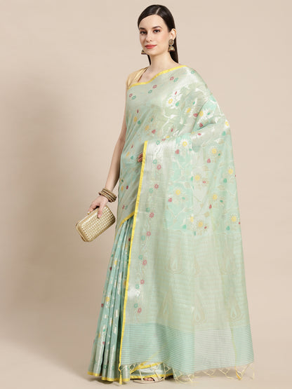 Faishana Presents Handwoven Seagreen Masrise Cotton Tilfi Jaal Skirt Border With Seagreen Blouse Banarasi Saree