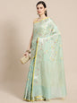Faishana Presents Handwoven Seagreen Masrise Cotton Tilfi Jaal Skirt Border With Seagreen Blouse Banarasi Saree