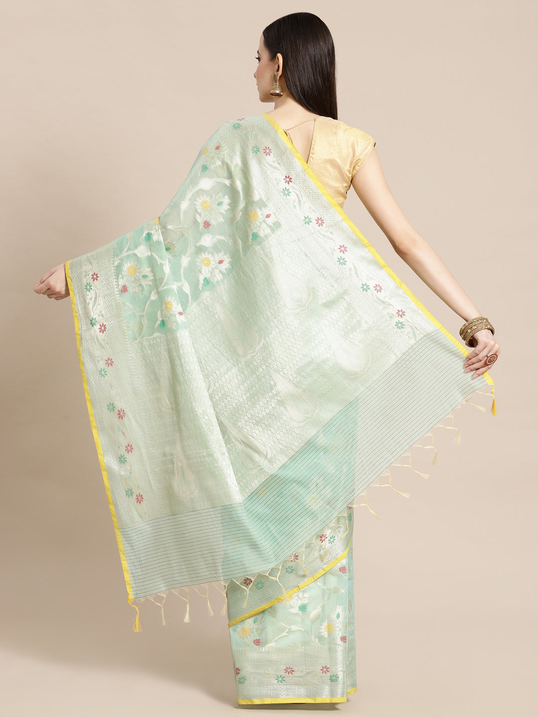 Faishana Presents Handwoven Seagreen Masrise Cotton Tilfi Jaal Skirt Border With Seagreen Blouse Banarasi Saree