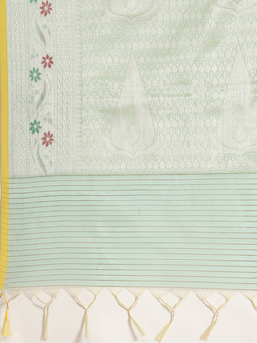 Faishana Presents Handwoven Seagreen Masrise Cotton Tilfi Jaal Skirt Border With Seagreen Blouse Banarasi Saree