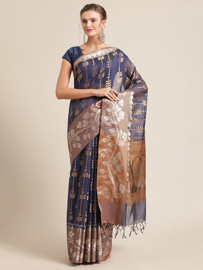 Faishana Presents Handwoven Blue Masrise Cotton Strip Jaal Skirt Border With Cheeku Color Blouse Banarasi Saree
