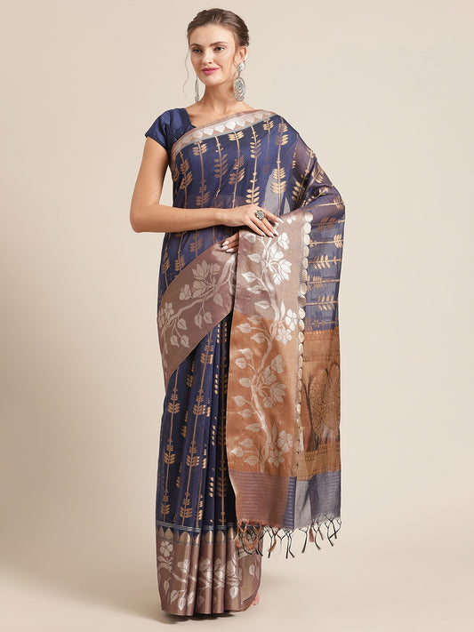 Faishana Presents Handwoven Blue Masrise Cotton Strip Jaal Skirt Border With Cheeku Color Blouse Banarasi Saree