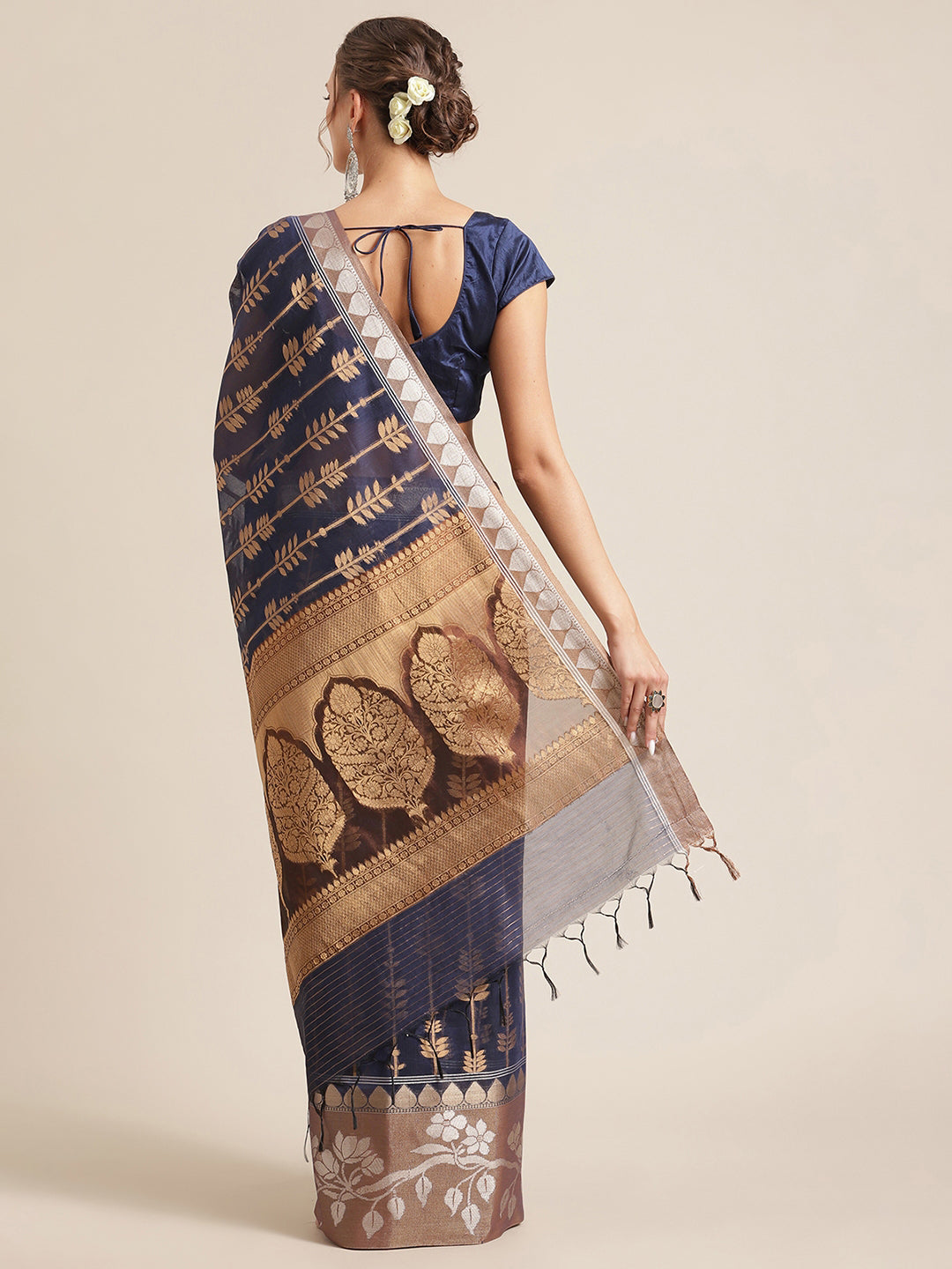 Faishana Presents Handwoven Blue Masrise Cotton Strip Jaal Skirt Border With Cheeku Color Blouse Banarasi Saree