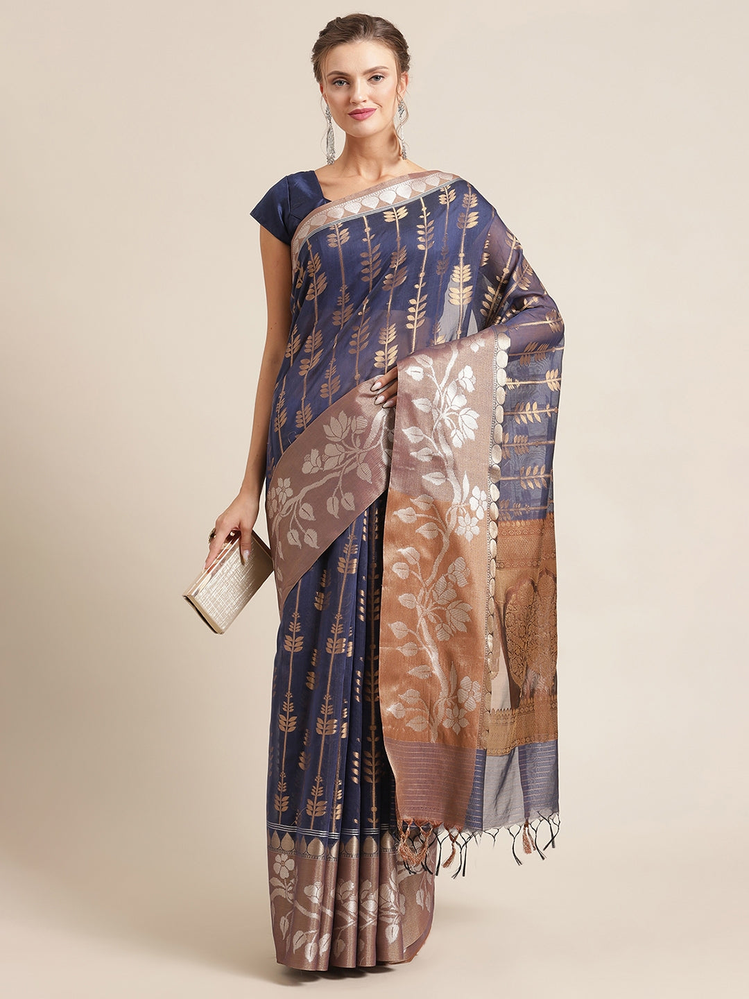 Faishana Presents Handwoven Blue Masrise Cotton Strip Jaal Skirt Border With Cheeku Color Blouse Banarasi Saree