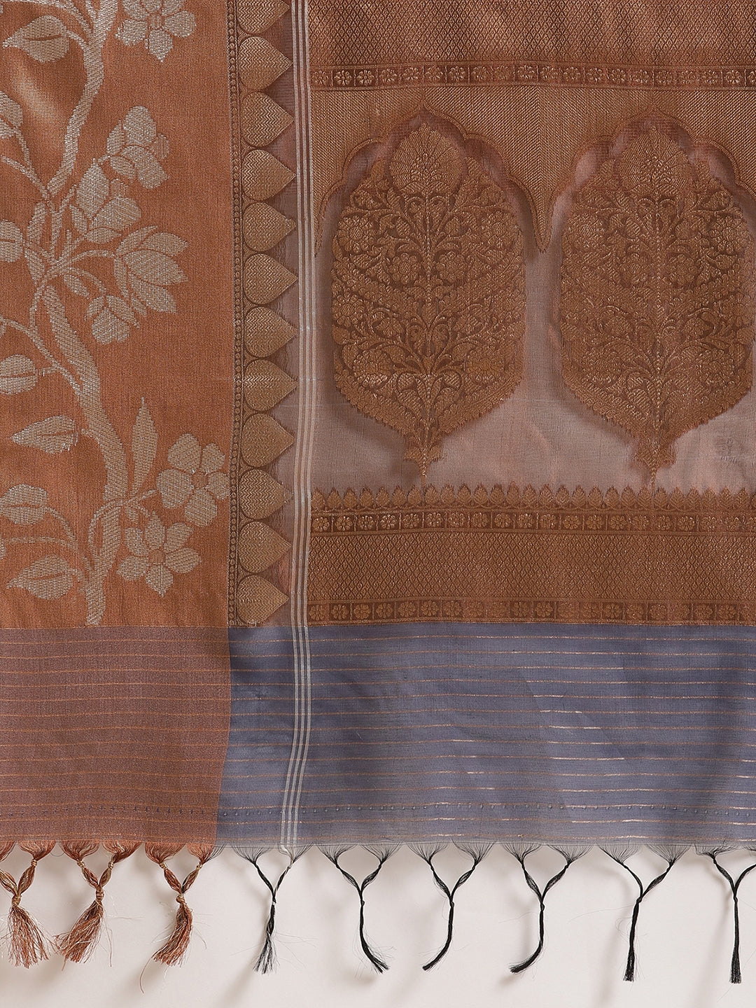 Faishana Presents Handwoven Blue Masrise Cotton Strip Jaal Skirt Border With Cheeku Color Blouse Banarasi Saree