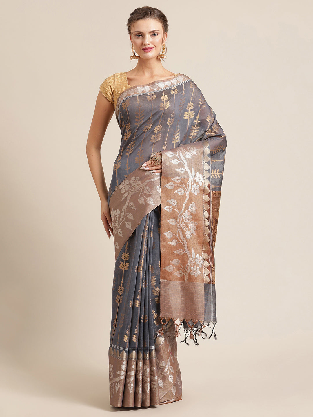 Faishana Presents Handwoven Grey Masrise Cotton Strip Jaal Skirt Border With Cheeku Color Blouse Banarasi Saree
