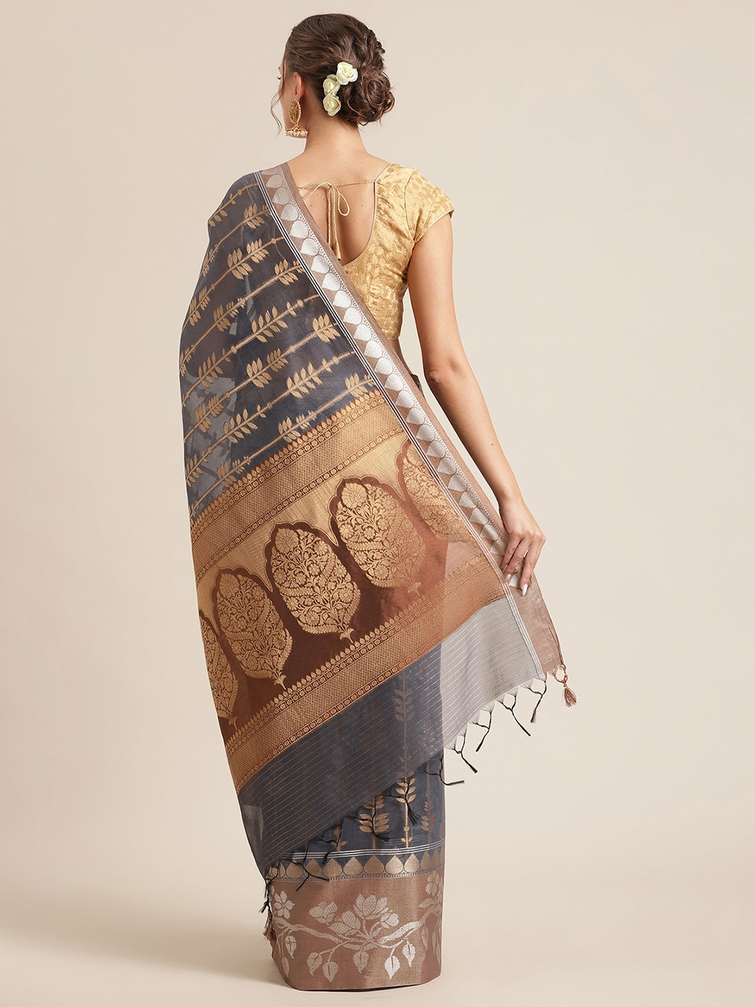 Faishana Presents Handwoven Grey Masrise Cotton Strip Jaal Skirt Border With Cheeku Color Blouse Banarasi Saree
