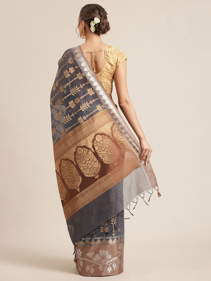 Faishana Presents Handwoven Grey Masrise Cotton Strip Jaal Skirt Border With Cheeku Color Blouse Banarasi Saree