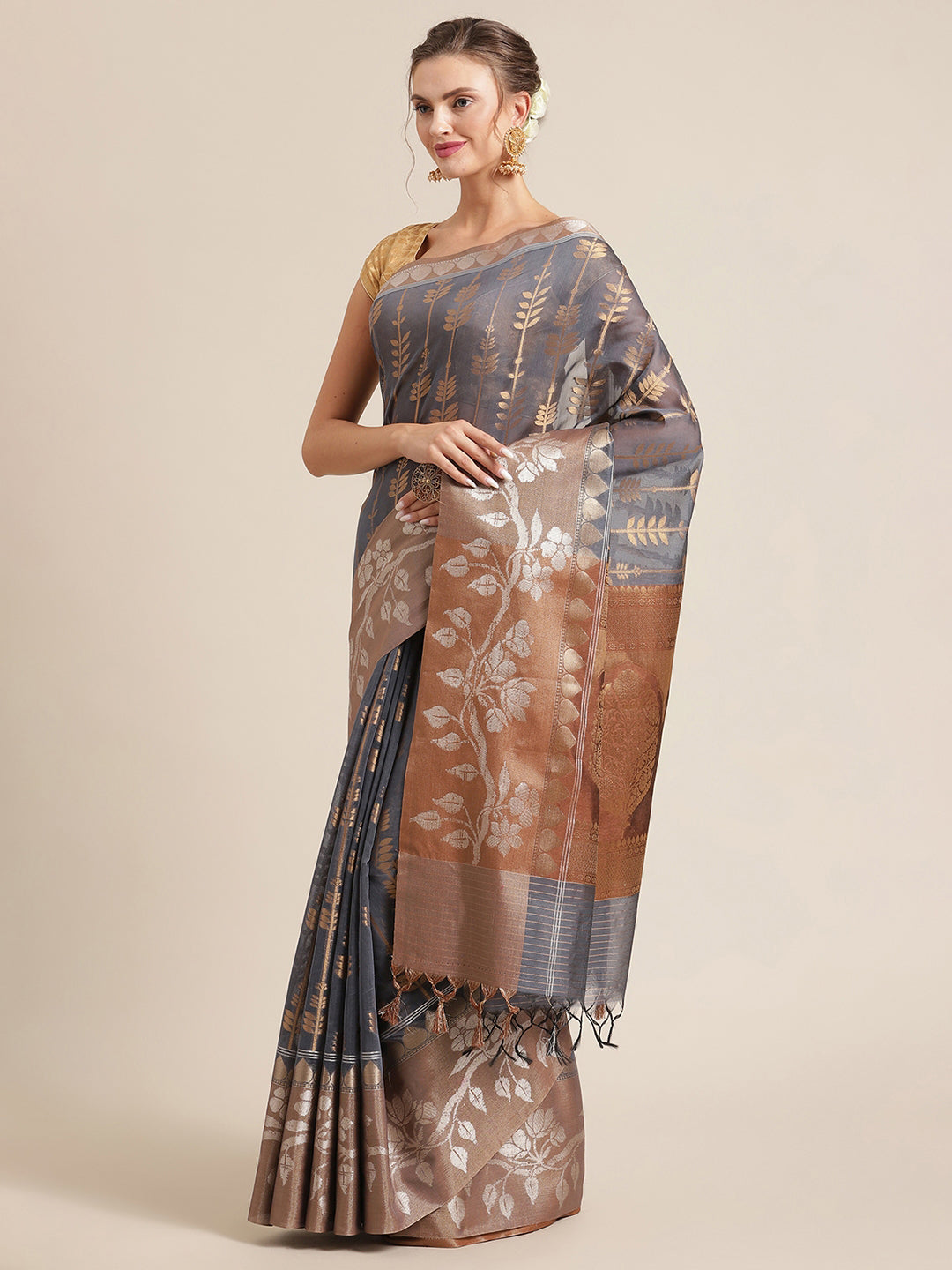 Faishana Presents Handwoven Grey Masrise Cotton Strip Jaal Skirt Border With Cheeku Color Blouse Banarasi Saree