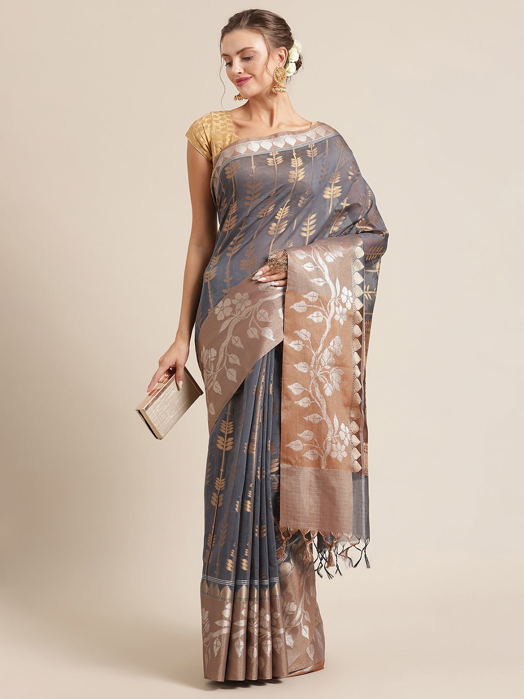 Faishana Presents Handwoven Grey Masrise Cotton Strip Jaal Skirt Border With Cheeku Color Blouse Banarasi Saree