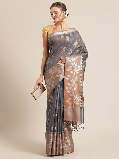Faishana Presents Handwoven Grey Masrise Cotton Strip Jaal Skirt Border With Cheeku Color Blouse Banarasi Saree