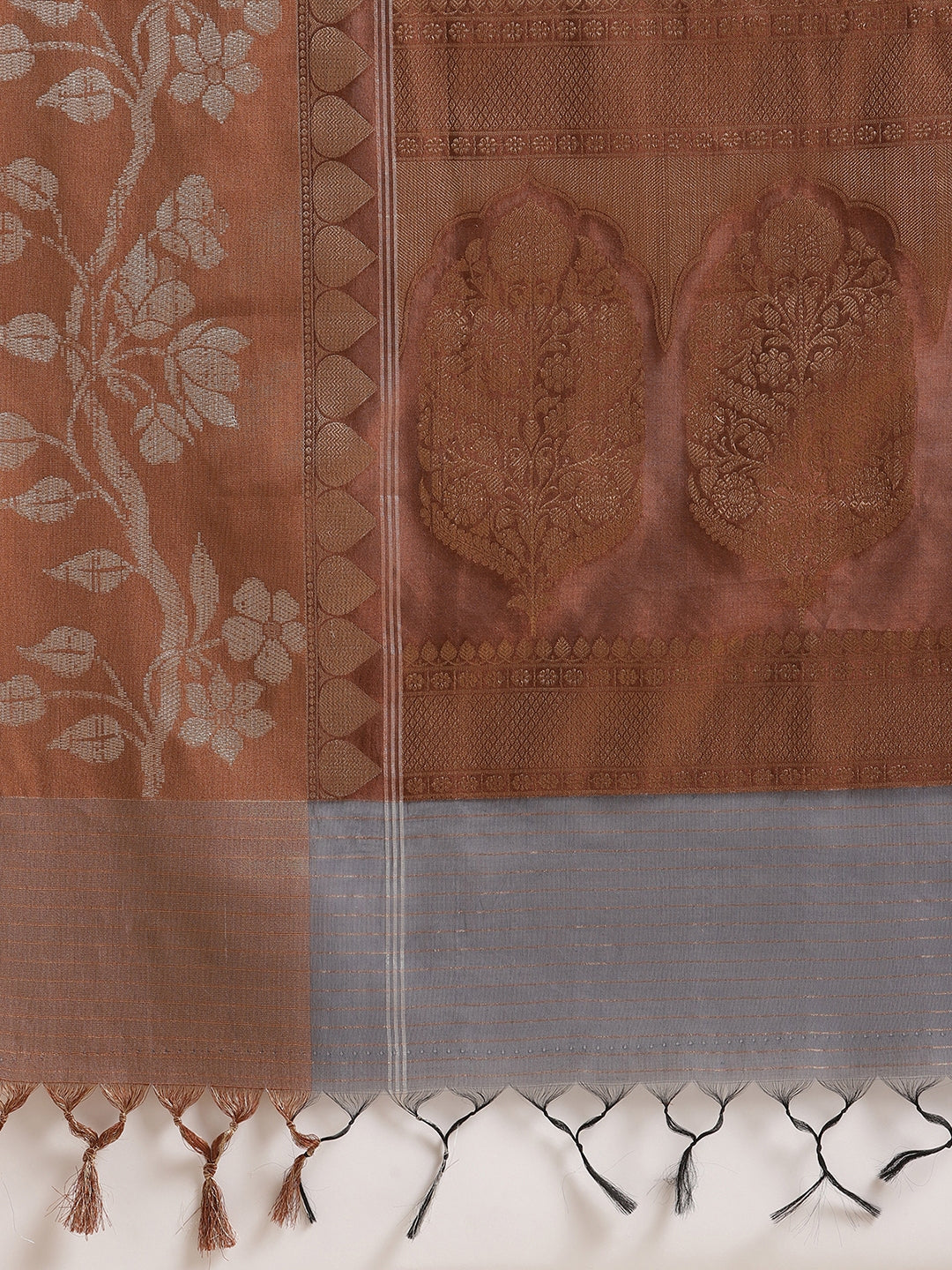 Faishana Presents Handwoven Grey Masrise Cotton Strip Jaal Skirt Border With Cheeku Color Blouse Banarasi Saree