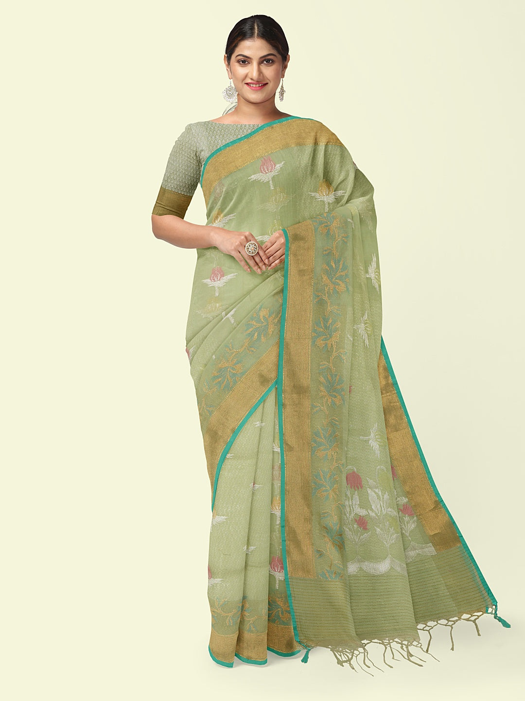 Faishana Presents Handwoven Pista Green Masrise Cotton Tilfi Boota Alfi Skirt Border With Pista Green Blouse Banarasi Saree