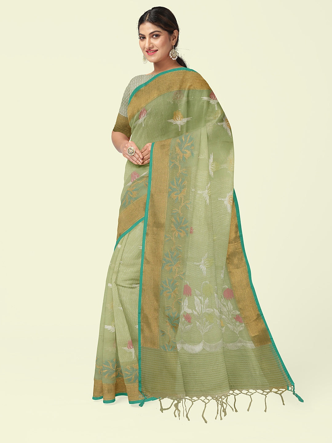 Faishana Presents Handwoven Pista Green Masrise Cotton Tilfi Boota Alfi Skirt Border With Pista Green Blouse Banarasi Saree