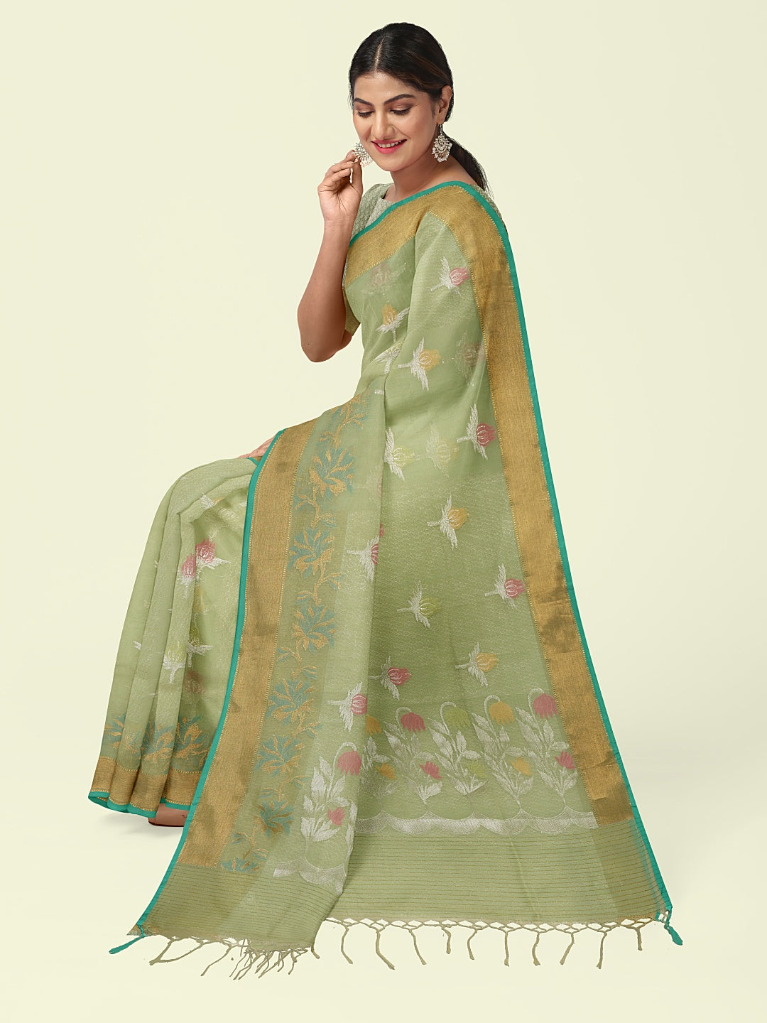 Faishana Presents Handwoven Pista Green Masrise Cotton Tilfi Boota Alfi Skirt Border With Pista Green Blouse Banarasi Saree