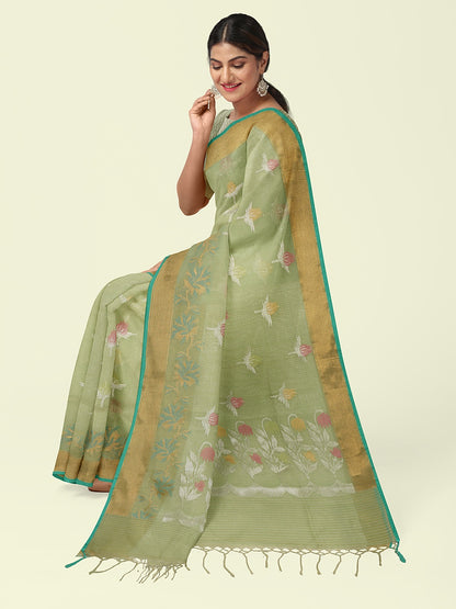 Faishana Presents Handwoven Pista Green Masrise Cotton Tilfi Boota Alfi Skirt Border With Pista Green Blouse Banarasi Saree