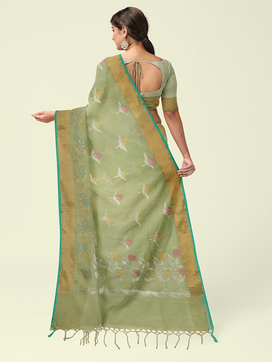 Faishana Presents Handwoven Pista Green Masrise Cotton Tilfi Boota Alfi Skirt Border With Pista Green Blouse Banarasi Saree