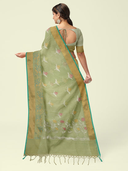 Faishana Presents Handwoven Pista Green Masrise Cotton Tilfi Boota Alfi Skirt Border With Pista Green Blouse Banarasi Saree