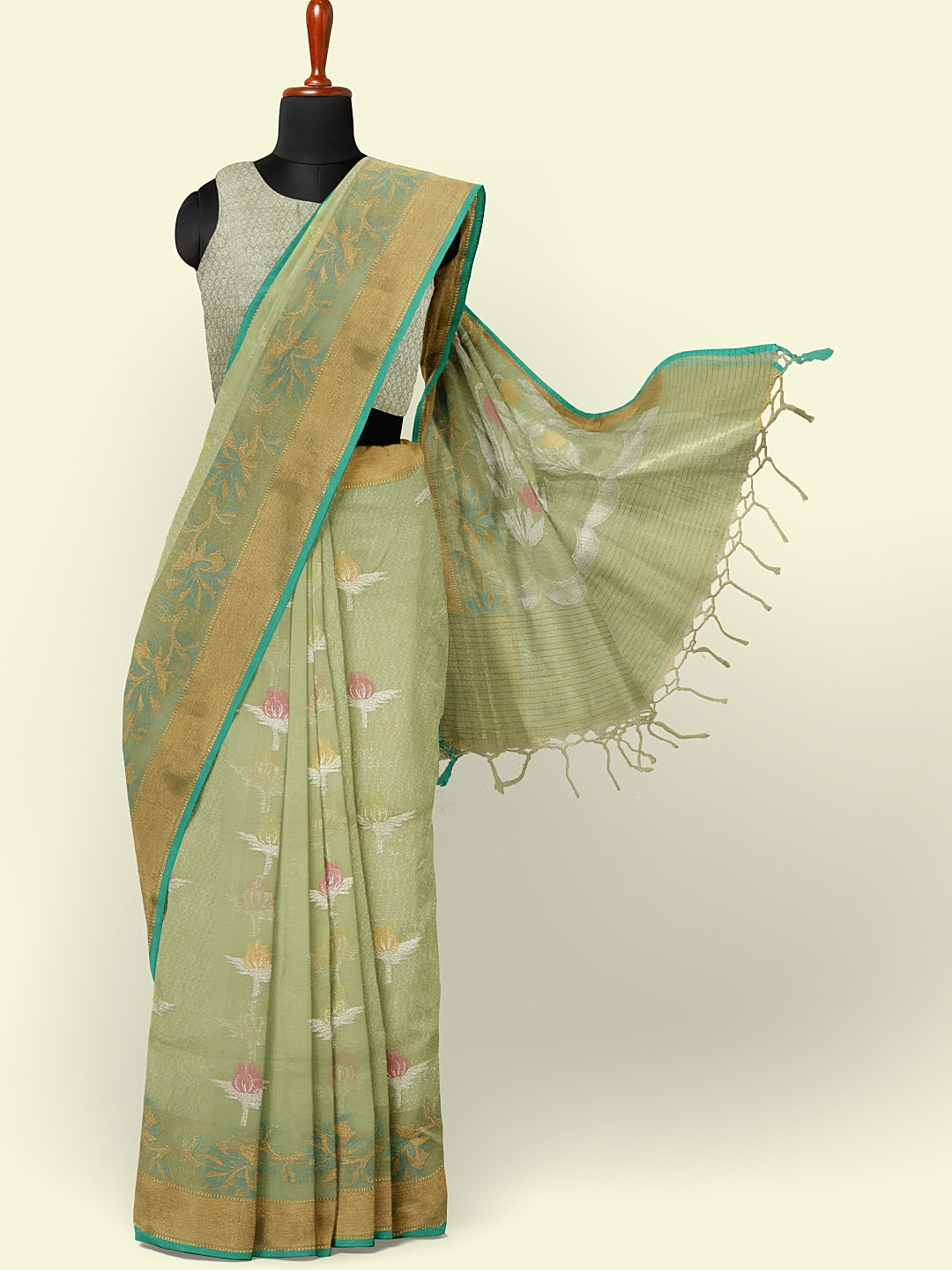 Faishana Presents Handwoven Pista Green Masrise Cotton Tilfi Boota Alfi Skirt Border With Pista Green Blouse Banarasi Saree