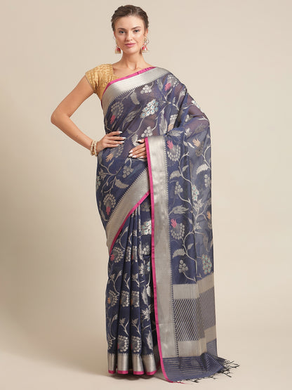 Faishana Presents Handwoven Navy Blue Masrise Cotton Tilfi Jaal  Zari Border With Saree With Magenta Blouse Banarasi Saree