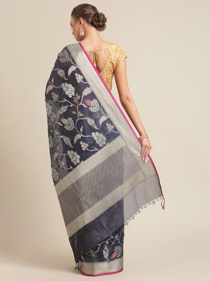 Faishana Presents Handwoven Navy Blue Masrise Cotton Tilfi Jaal  Zari Border With Saree With Magenta Blouse Banarasi Saree