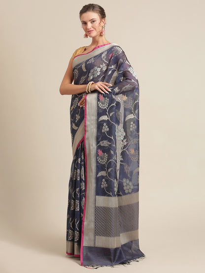 Faishana Presents Handwoven Navy Blue Masrise Cotton Tilfi Jaal  Zari Border With Saree With Magenta Blouse Banarasi Saree