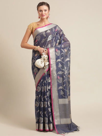 Faishana Presents Handwoven Navy Blue Masrise Cotton Tilfi Jaal  Zari Border With Saree With Magenta Blouse Banarasi Saree
