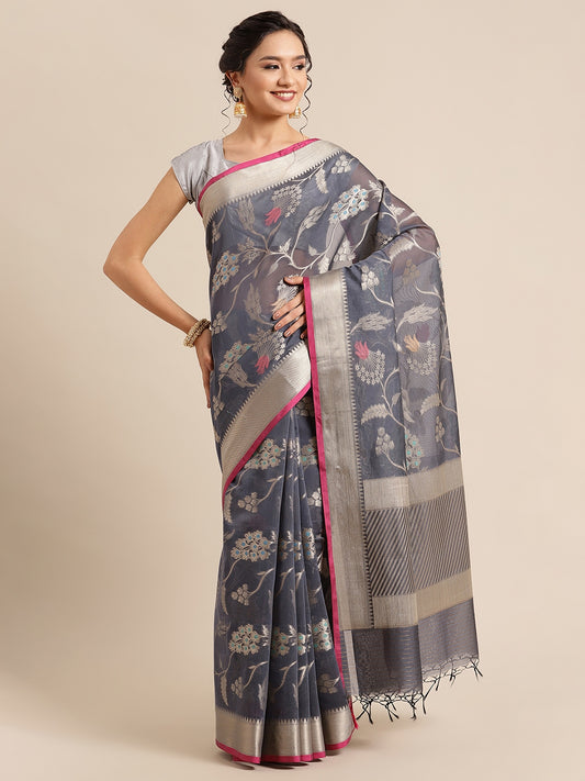 Faishana Presents Handwoven Grey Masrise Cotton Tilfi Jaal Zari Border With Magenta Blouse Banarasi Saree