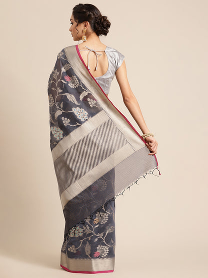Faishana Presents Handwoven Grey Masrise Cotton Tilfi Jaal Zari Border With Magenta Blouse Banarasi Saree