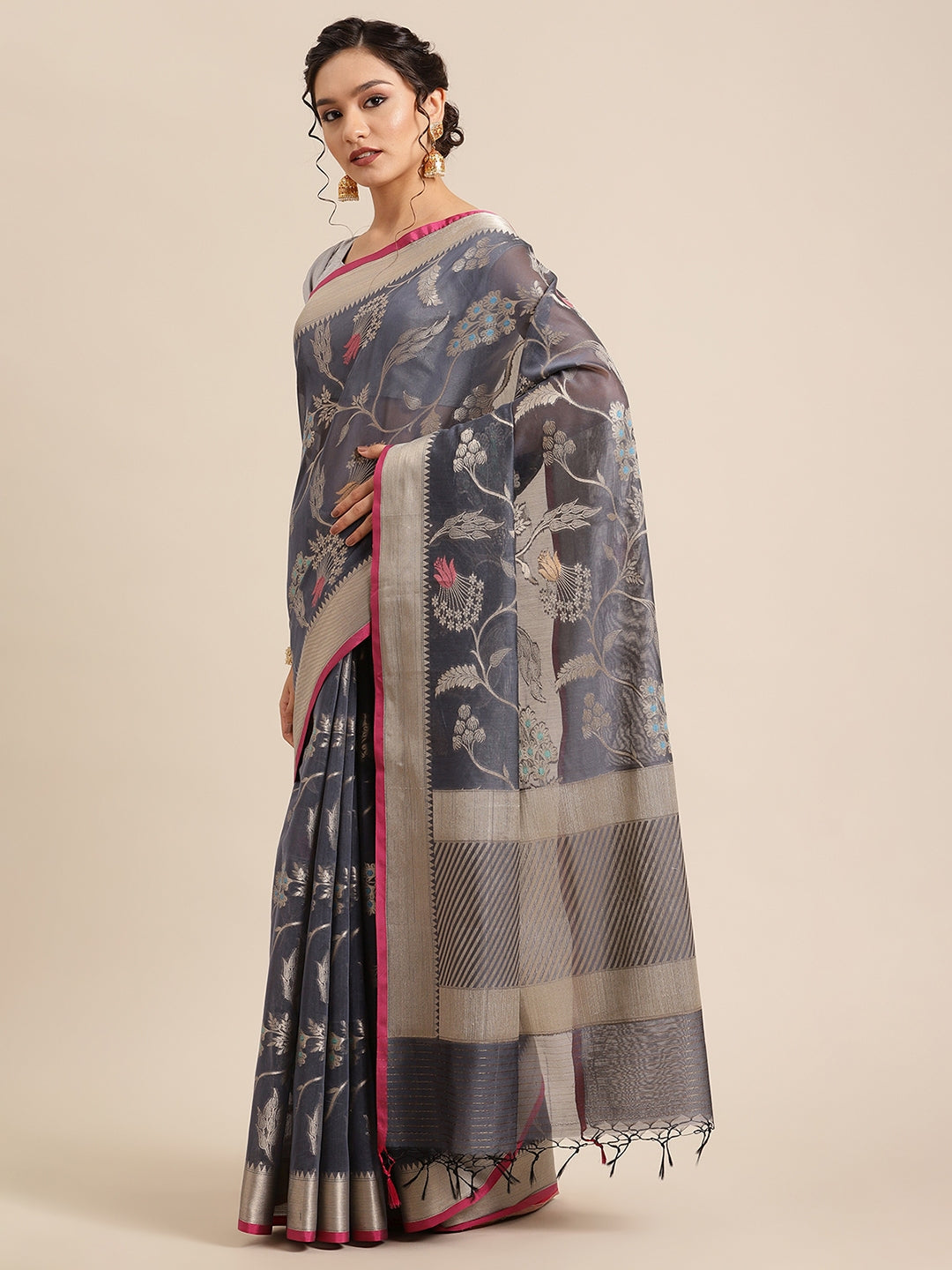 Faishana Presents Handwoven Grey Masrise Cotton Tilfi Jaal Zari Border With Magenta Blouse Banarasi Saree