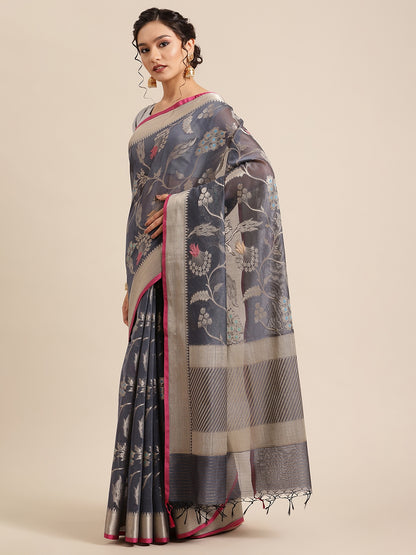 Faishana Presents Handwoven Grey Masrise Cotton Tilfi Jaal Zari Border With Magenta Blouse Banarasi Saree