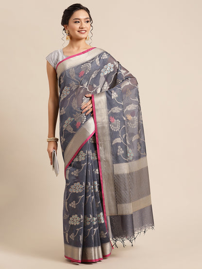 Faishana Presents Handwoven Grey Masrise Cotton Tilfi Jaal Zari Border With Magenta Blouse Banarasi Saree