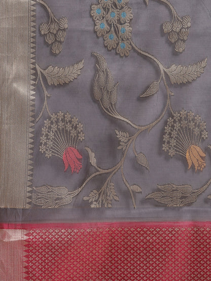 Faishana Presents Handwoven Grey Masrise Cotton Tilfi Jaal Zari Border With Magenta Blouse Banarasi Saree