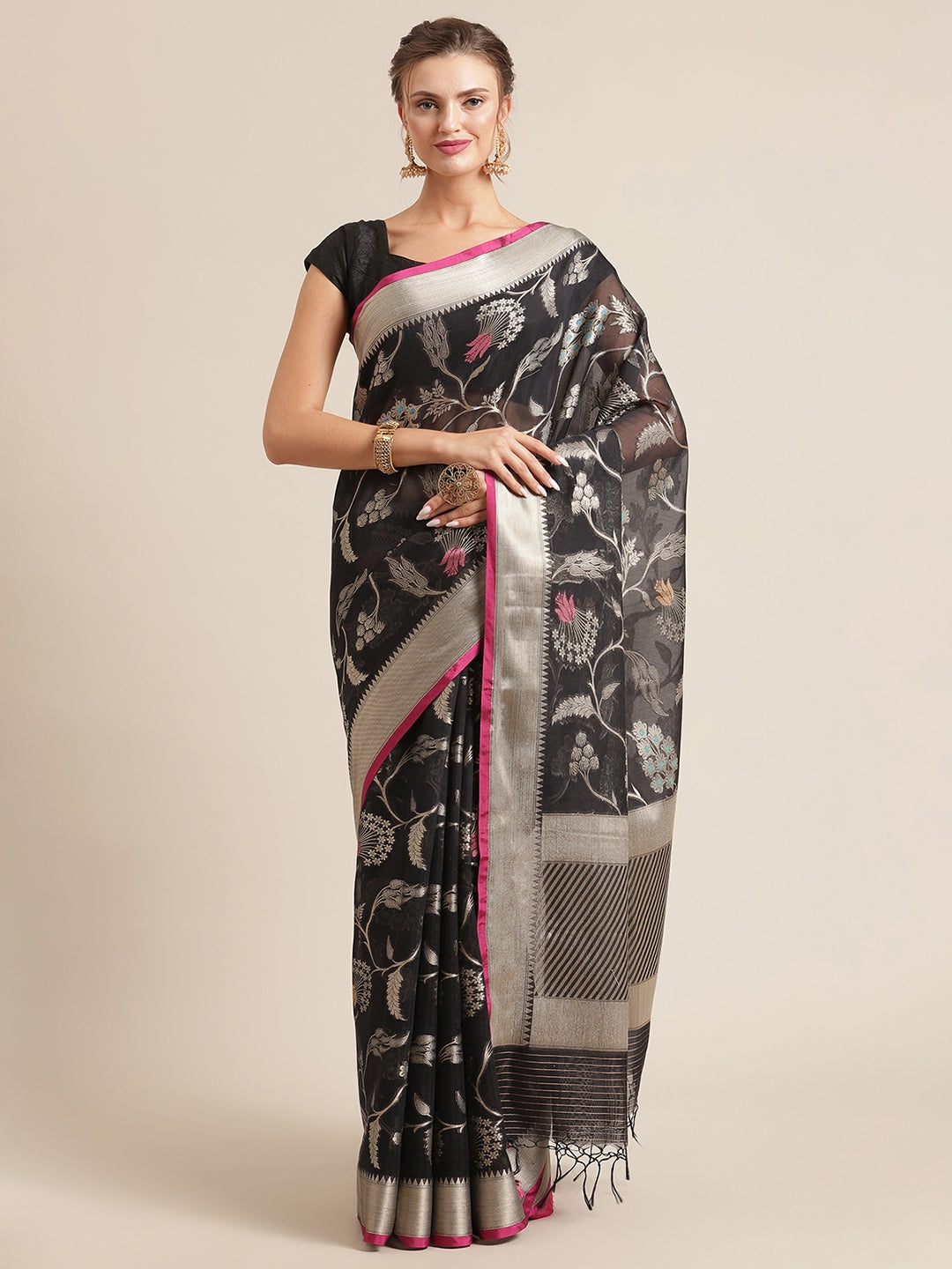 Faishana Presents Handwoven Black Masrise Cotton Tilfi Jaal Zari Border With Magenta Blouse Banarasi Saree