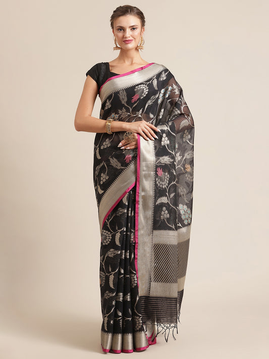 Faishana Presents Handwoven Black Masrise Cotton Tilfi Jaal Zari Border With Magenta Blouse Banarasi Saree