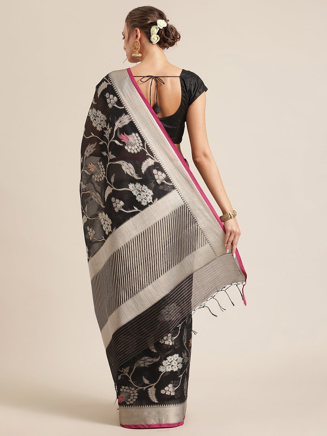 Faishana Presents Handwoven Black Masrise Cotton Tilfi Jaal Zari Border With Magenta Blouse Banarasi Saree