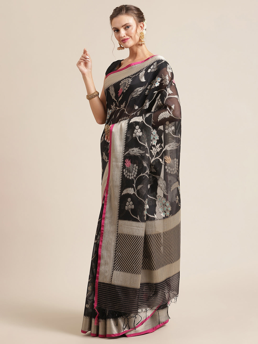 Faishana Presents Handwoven Black Masrise Cotton Tilfi Jaal Zari Border With Magenta Blouse Banarasi Saree